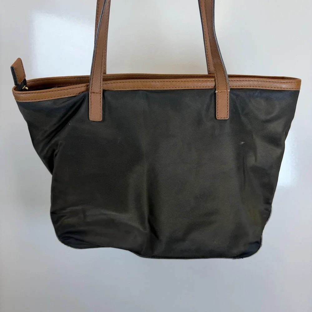 Michael Kors Tote Bag Womens Medium Black Nylon Leather Brown Trim Zip Pockets